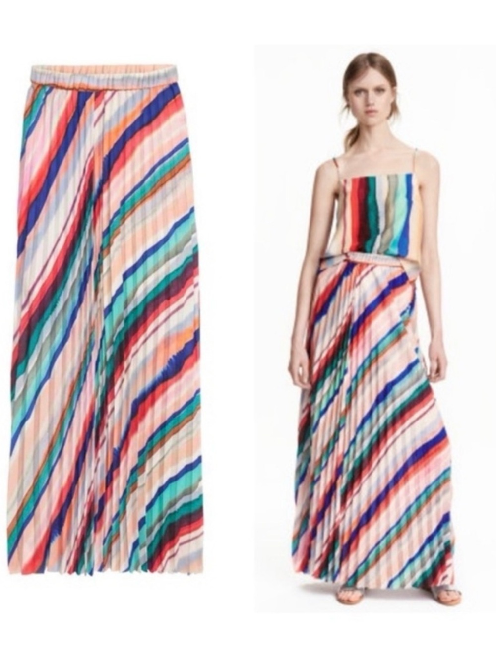 H&M Multicolor Diagonal Stripe Maxi Skirt - Coral, Teal, Navy, Cream
